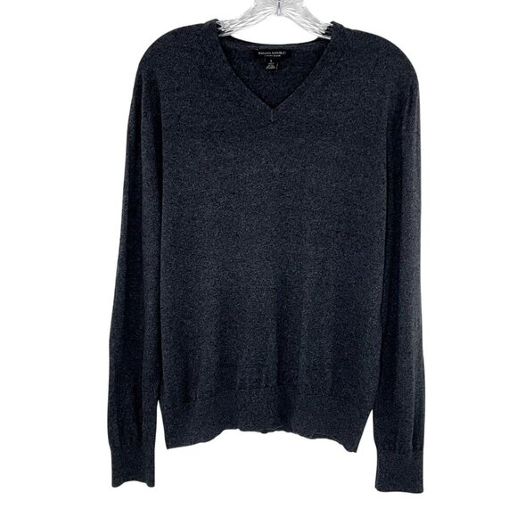 Banana Republic Sweater Men L Gray Luxury Blend Silk Cashmere V-Neck Casual Prep - Picture 1 of 8